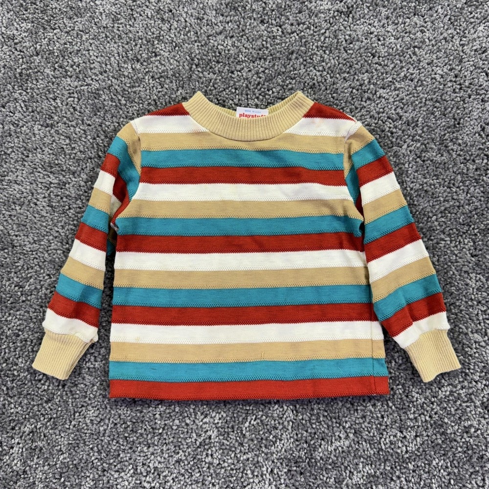 Vtg Playstuff Sweater Boys 2T Multicolor Stripe Knit Pullover Crew Neck USA